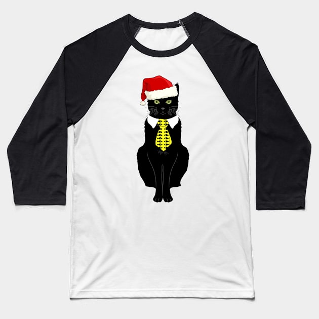 Black Business Cat Kitten with Yellow Tie Santa Baseball T-Shirt by Danielsmfbb